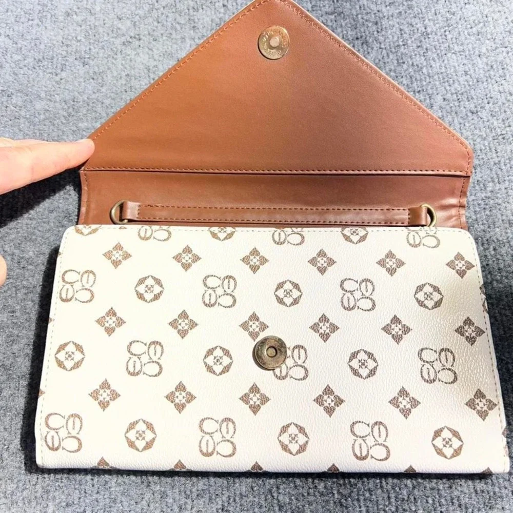 Cream Monogram Envelope Clutch Bag Faux Leather Magnetic Snap‎ Small Handbag